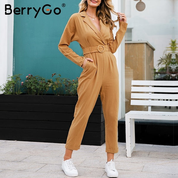 BerryGo Casual cargo cotton female jumpsuits Orange sash pocket sport womens jumpsuit romper Chic autumn winter ladies overalls