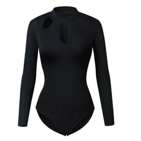 New Fashion Women O Neck Long Sleeve Jumpsuit Hollow Out Stretch Black Romper Ladies Casual Slim Playsuit Holiday Club Wear