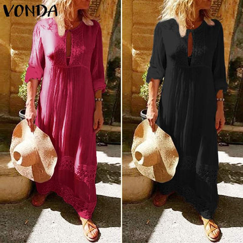 2019 VONDA Woman Dresss Sexy Hollow Out Maxi Long Party Dresses Bohemian Vestidos Casual O Neck Long Robe Femme Sundress S-5XL