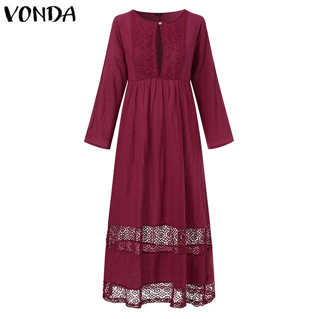 2019 VONDA Woman Dresss Sexy Hollow Out Maxi Long Party Dresses Bohemian Vestidos Casual O Neck Long Robe Femme Sundress S-5XL