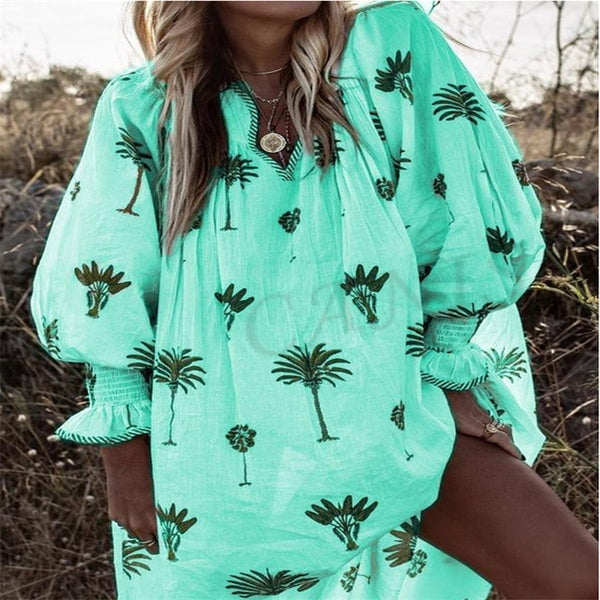 2019 New Floral Dress Women V-neck Boho Print Evening Party Casual Beach Kaftan  Sundress Long Sleeve Dressse