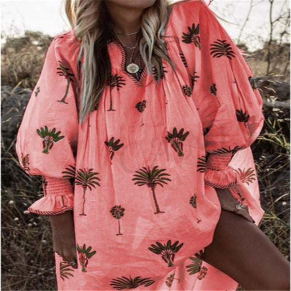 2019 New Floral Dress Women V-neck Boho Print Evening Party Casual Beach Kaftan  Sundress Long Sleeve Dressse