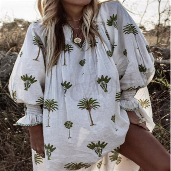 2019 New Floral Dress Women V-neck Boho Print Evening Party Casual Beach Kaftan  Sundress Long Sleeve Dressse