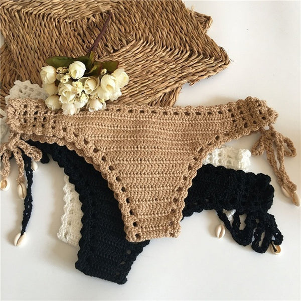 2019 Summer Sexy Solid Crochet Bikini Beach Swimwear Women Tanga Thong Bikini Bottoms Brazilian Biquini Maio Feminino Praia Mayo