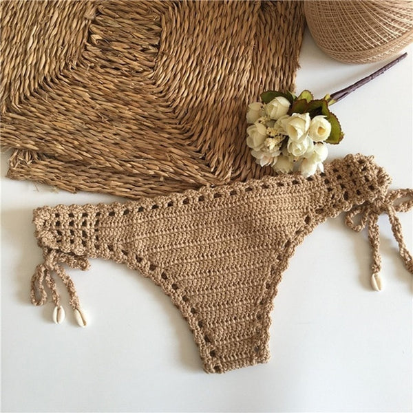 2019 Summer Sexy Solid Crochet Bikini Beach Swimwear Women Tanga Thong Bikini Bottoms Brazilian Biquini Maio Feminino Praia Mayo