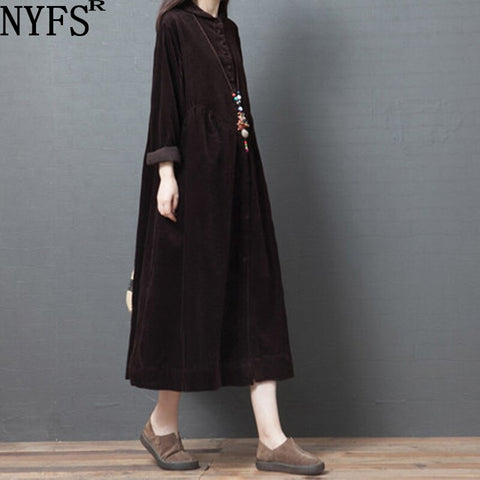 NYFS 2019 New Autumn Dress Vintage Women dresses Corduroy Stylish comfortable Striped Long Dress Vestidos Robe shirt Dressses