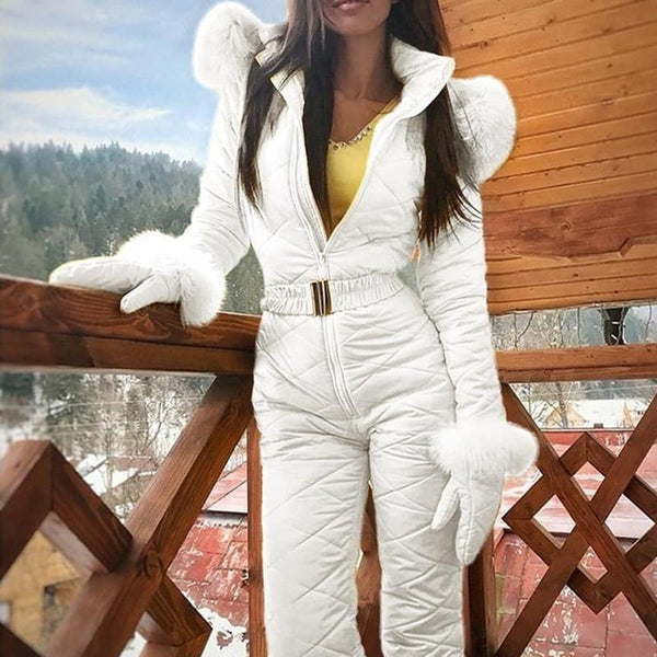 Women's Thick Jumpsuit Winter Fashion Casual Warm Breathable Hoodie Fur Collar Solid Color Female Snow Onesies Suits