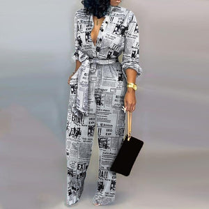 Lady Office Autumn button lace up Jumpsuit women sexy Deep V Neck Long Sleeves Overalls Elegant Leopard Camouflage Print Rompers