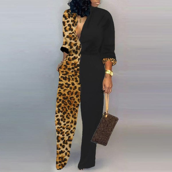 Lady Office Autumn button lace up Jumpsuit women sexy Deep V Neck Long Sleeves Overalls Elegant Leopard Camouflage Print Rompers