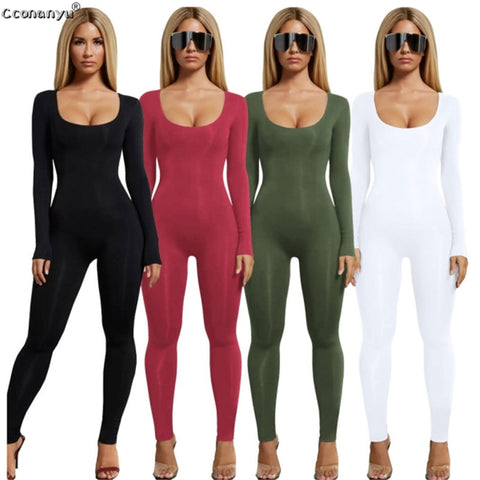 Jumpsuits for Women 2019 Sexy Black Long Sleeve Women Jumpsuit White Green Rompers Womens Jumpsuit Long Pants Solid Colors