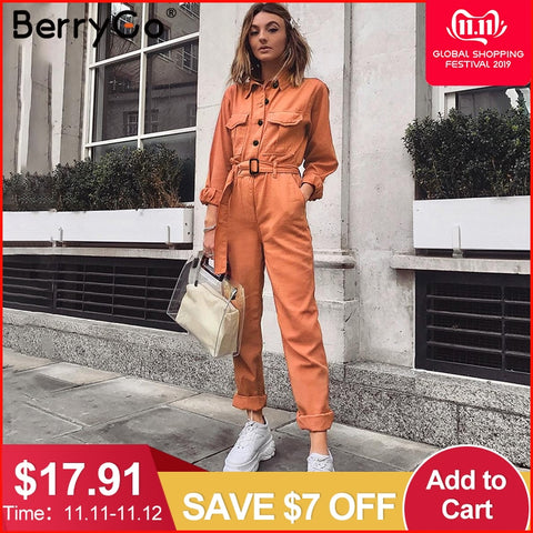 BerryGo Casual cargo cotton female jumpsuits Orange sash pocket sport womens jumpsuit romper Chic autumn winter ladies overalls