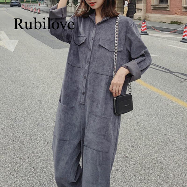 Rubilove Fashion Woman Grey Corduroy Overalls Autumn Casual Multi-pocket Loose Jumpsuits Big Yards One Piece Outfits Streetwear