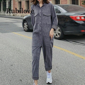 Rubilove Fashion Woman Grey Corduroy Overalls Autumn Casual Multi-pocket Loose Jumpsuits Big Yards One Piece Outfits Streetwear