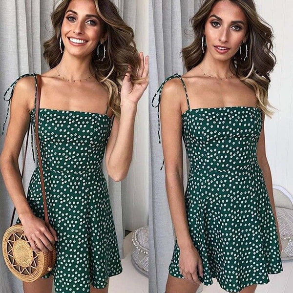 Female Sexy Sleek Slim Sleeveless Dress Sling Polka Dot Dress Short Flower Pattern Set Off   MIni Dresss