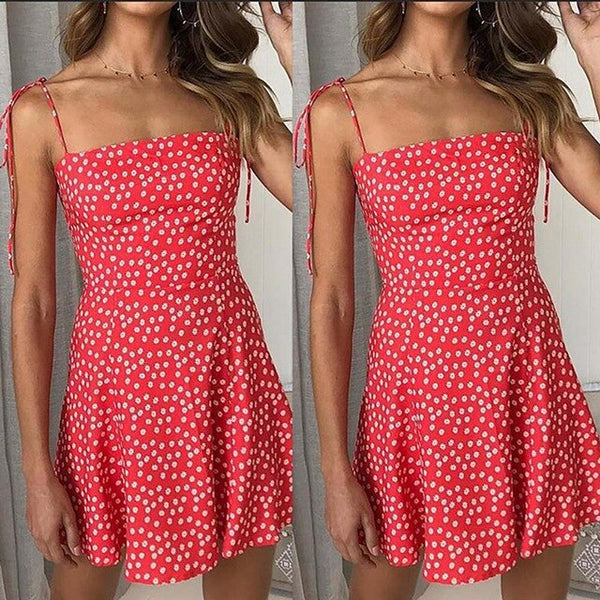 Female Sexy Sleek Slim Sleeveless Dress Sling Polka Dot Dress Short Flower Pattern Set Off   MIni Dresss