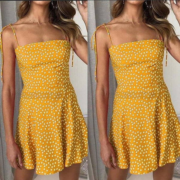 Female Sexy Sleek Slim Sleeveless Dress Sling Polka Dot Dress Short Flower Pattern Set Off   MIni Dresss