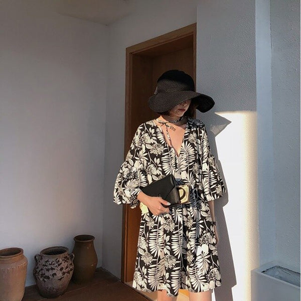 Summer Dresss Women Floral Print Lace Up vestidos Sexy V-Neck 3/4 Sleeve Lady Plus Size Casual Vacation Beach Above Knee Dress