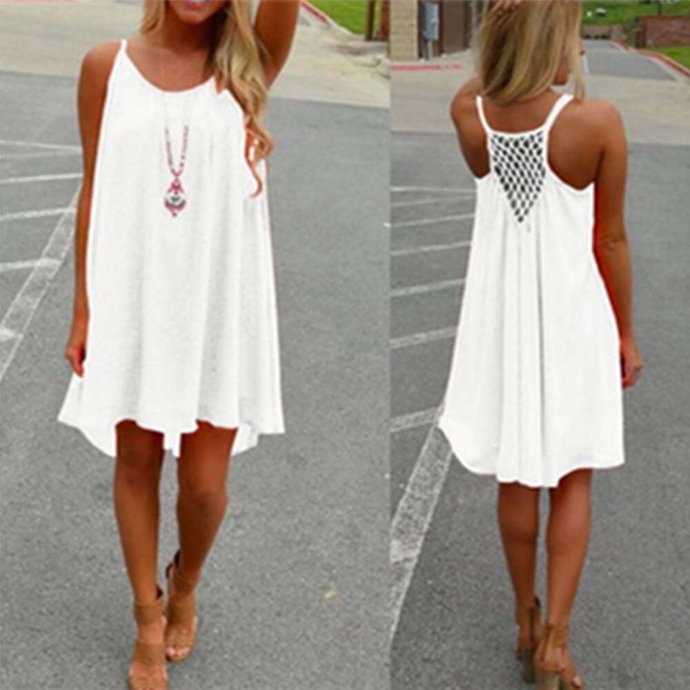 New Beach Dress Womens Holiday Chiffon Summer Dress Boho Ladies Sundress White Black Dresss Sleeveless Hollow Plus Size 5XL 2019