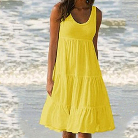 Women Sleeveless Dress Ruffled Loose Sundress Knee Length Casual  Summer Dresss Crew Neck Female Holiday Beach Dress