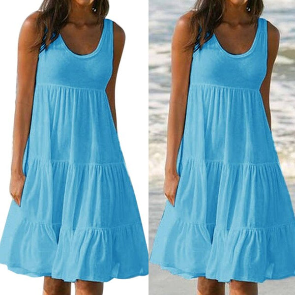 Women Sleeveless Dress Ruffled Loose Sundress Knee Length Casual  Summer Dresss Crew Neck Female Holiday Beach Dress