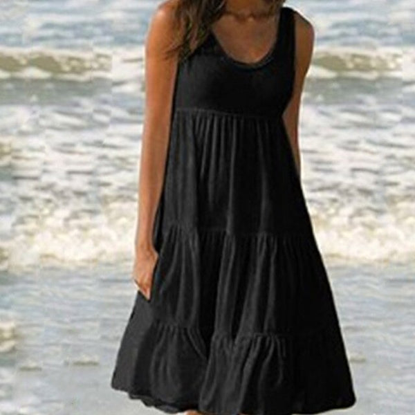 Women Sleeveless Dress Ruffled Loose Sundress Knee Length Casual  Summer Dresss Crew Neck Female Holiday Beach Dress