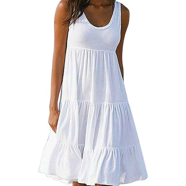 Women Sleeveless Dress Ruffled Loose Sundress Knee Length Casual  Summer Dresss Crew Neck Female Holiday Beach Dress