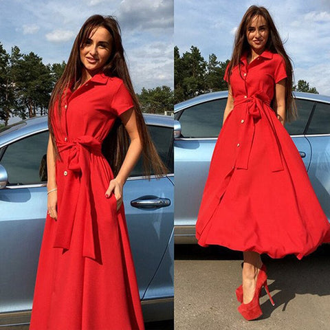 Women High Waist Split Summer Dress Fashion Bandage Dress Lapel Solid Color Button Short Sleeve Dresss Vestidos Femme