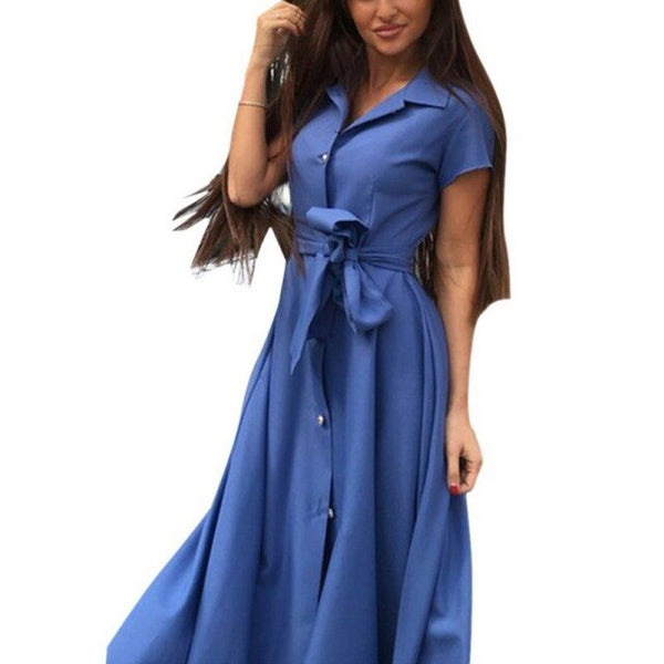 Women High Waist Split Summer Dress Fashion Bandage Dress Lapel Solid Color Button Short Sleeve Dresss Vestidos Femme