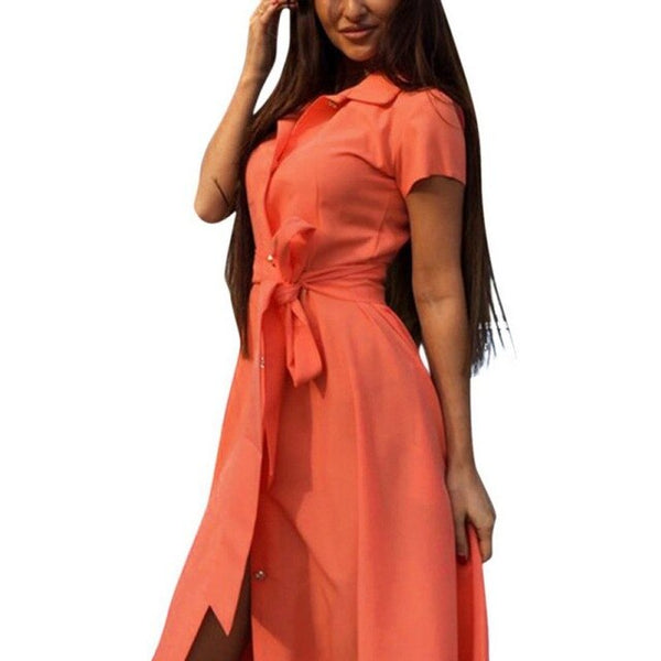 Women High Waist Split Summer Dress Fashion Bandage Dress Lapel Solid Color Button Short Sleeve Dresss Vestidos Femme