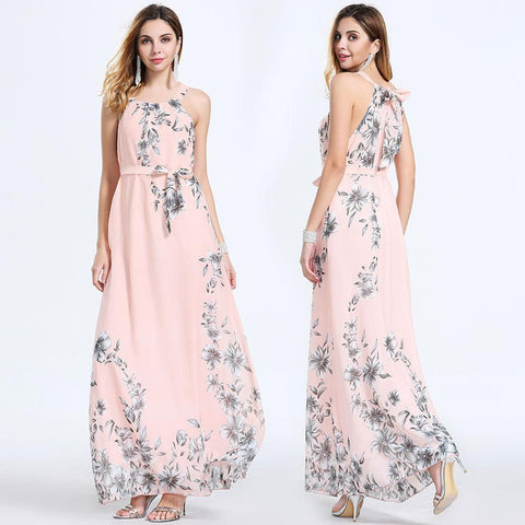 Summer Women Floral Print Chiffon Maxi Vestidos Casual Lady Sexy Sleeveless Backless Bandage Halter A-line Party Holiday Dresss