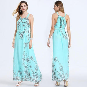 Summer Women Floral Print Chiffon Maxi Vestidos Casual Lady Sexy Sleeveless Backless Bandage Halter A-line Party Holiday Dresss