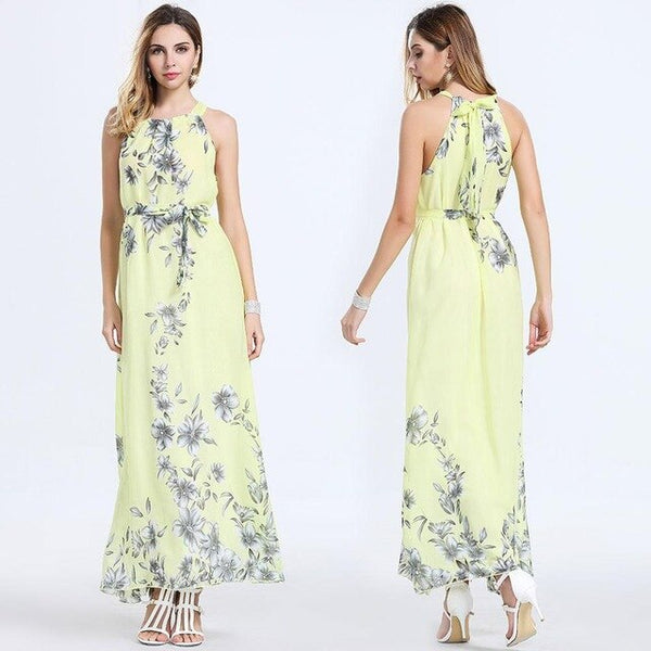 Summer Women Floral Print Chiffon Maxi Vestidos Casual Lady Sexy Sleeveless Backless Bandage Halter A-line Party Holiday Dresss