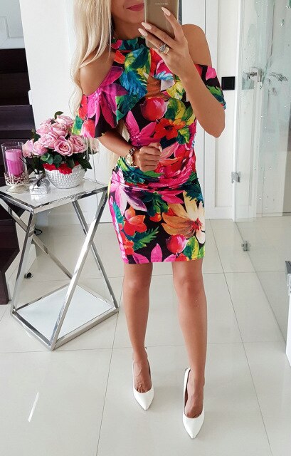 Sexy Halter Off Shoulder Package Hips Mini Party Dress 2019 Summer Women Slim Bodycon Ruffle Floral Printed Dressses Female Robe