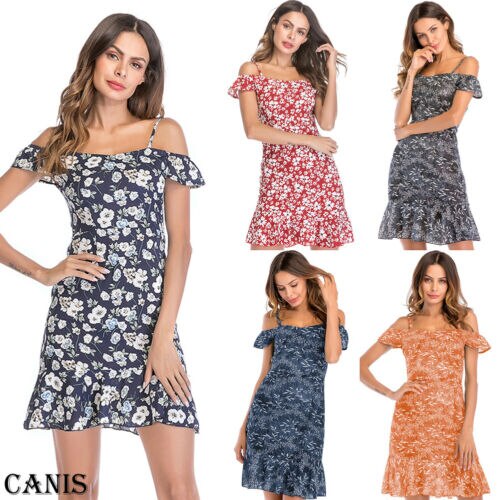 Womens Holiday Mini Floral Print Dress Ladies Bodycon Slim Beach Summer Dressse Casual Strap Elegant Sundress 2019