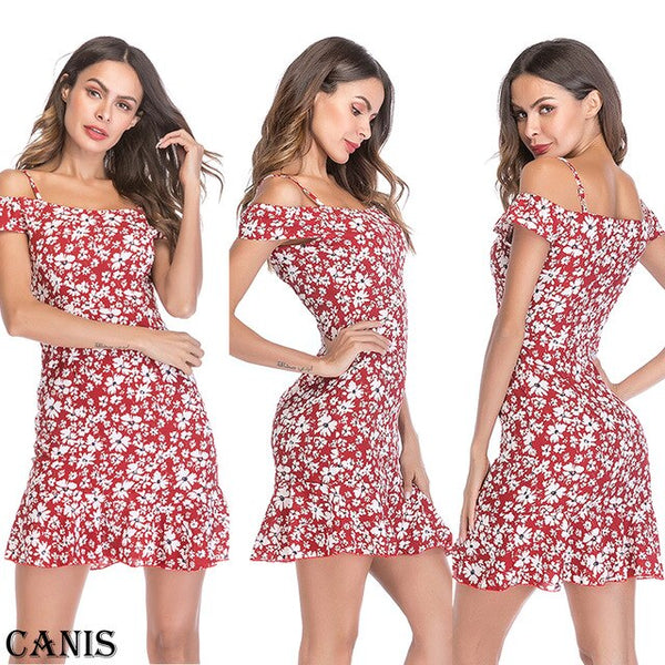 Womens Holiday Mini Floral Print Dress Ladies Bodycon Slim Beach Summer Dressse Casual Strap Elegant Sundress 2019