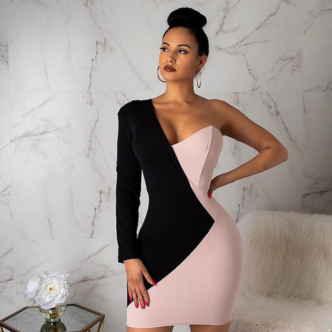 New Fashion Sexy Asymmetry Elegant One Shoulder Long Sleeve Summer Patchwork Package Hip Office Lady Evening Party Mini Dresss