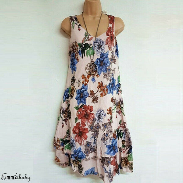 Womens Boho Holiday Irregular Print Dresss Clothes Ladies Summer Beach Sleeveless Party Dress Dresses Clothings SundressS-2XL