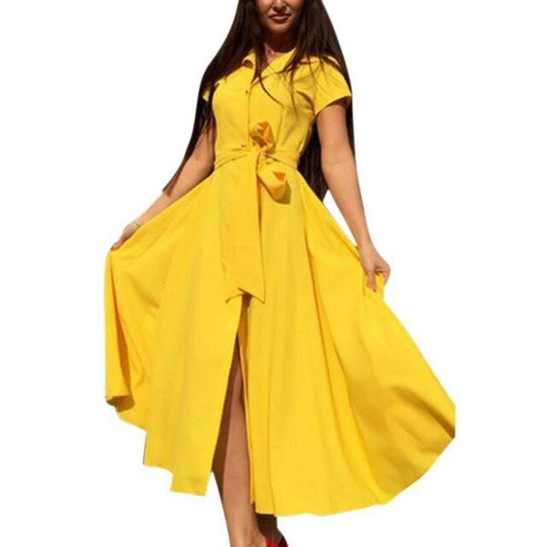 Women's Fashion Bandage Dress Lapel Solid Color Button Short Sleeve Dresss Vestidos Femme Casual High Waist Split Summer Dress