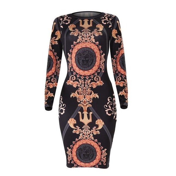 New Sexy print women long dresss Autumn long sleeve sashes bodycon stretch dresses Elegant party female vesitidos Plus size