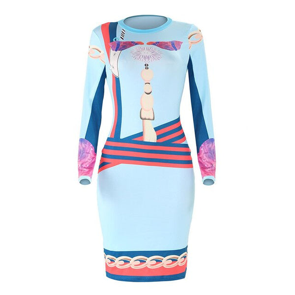 New Sexy print women long dresss Autumn long sleeve sashes bodycon stretch dresses Elegant party female vesitidos Plus size