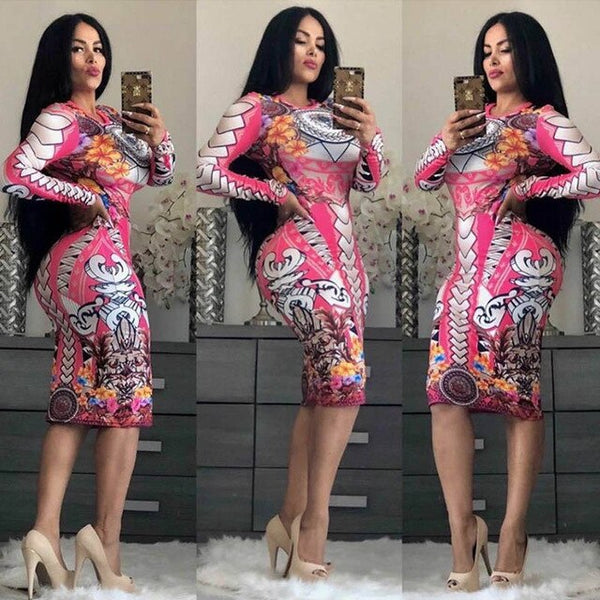 New Sexy print women long dresss Autumn long sleeve sashes bodycon stretch dresses Elegant party female vesitidos Plus size