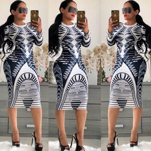 New Sexy print women long dresss Autumn long sleeve sashes bodycon stretch dresses Elegant party female vesitidos Plus size