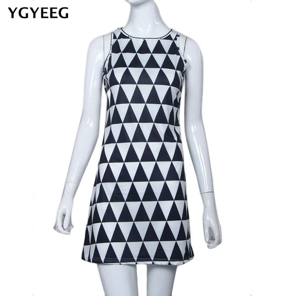 YGYEEG Women Sexy Summer Casual Sleeveless Party Beach Short Mini Dress Black And White Triangle Printed Ladies Dressses S-XXXL