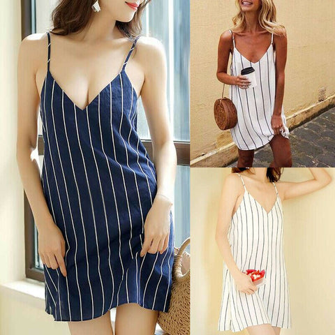 New Women Ladies Fashion Casual Summer Dresss V Neck Sleeveless Striped Mini Dress Strappy Casual Beach Slip Dress