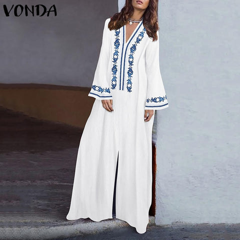 VONDA Vintage Printed Dresss Women' Sundress 2019 Casual Loose Long Flare Sleeve Beach Party Autumn Dress Plus Size Vestido