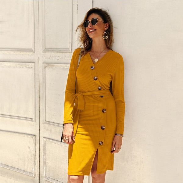 Autumn Knitted Bodycon Dress For Women Sexy V Neck Long Sleeve Elegant French Style Dresss Slim Solid Color Dress