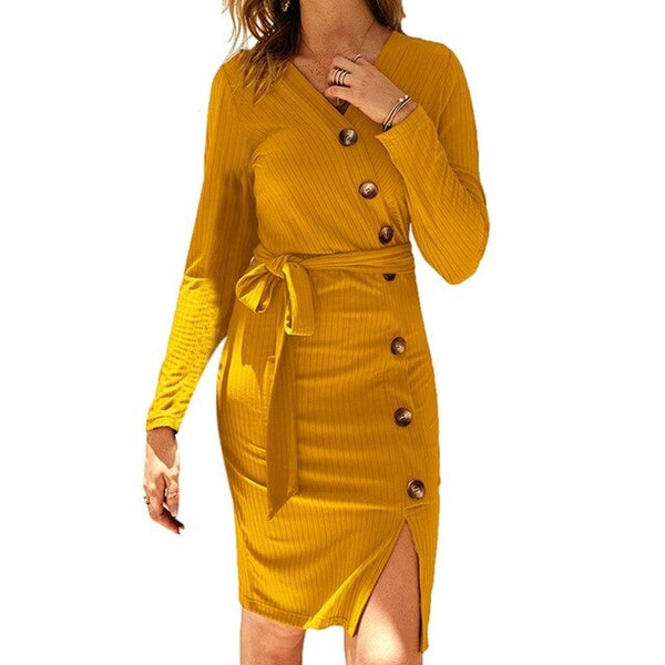 Autumn Knitted Bodycon Dress For Women Sexy V Neck Long Sleeve Elegant French Style Dresss Slim Solid Color Dress