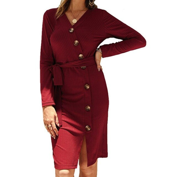 Autumn Knitted Bodycon Dress For Women Sexy V Neck Long Sleeve Elegant French Style Dresss Slim Solid Color Dress