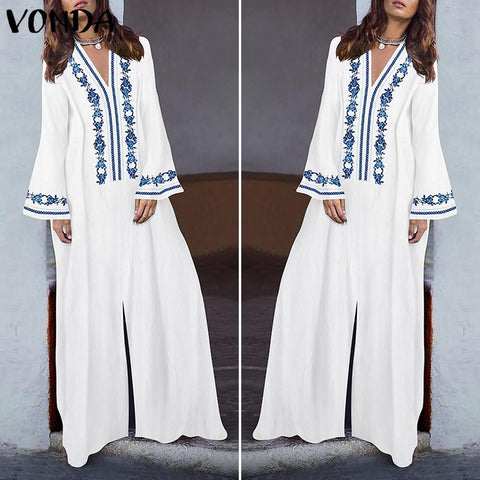 VONDA Vintage Printed Dresss Women' Sundress 2019 Casual Loose Long Flare Sleeve Beach Party Vestidos Plus Size Autumn Dress