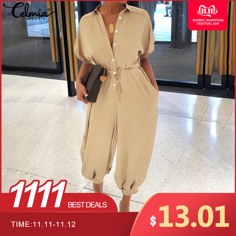 Rompers Women Vintage Jumpsuits 2019 Celmia Female Short Sleeve Cargo Pants Button Casual Loose Harem Trouser Plus Size Overalls